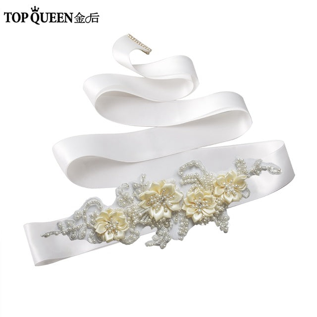 TOPQUEEN S346 Wedding Sash Pretty Crystal Beads Pearl  Embroidered Belt Wedding Belts  with Flower Bridal Sash Fabric Flower - Ur World Services