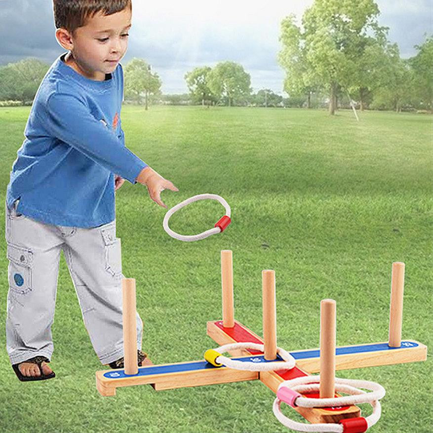 Kids toy Wooden Garden Indoor Outdoor Quoits Pegs & Rope Hoopla Family Fun Game Summer Sports outdoor toys for children - Ur World Services 