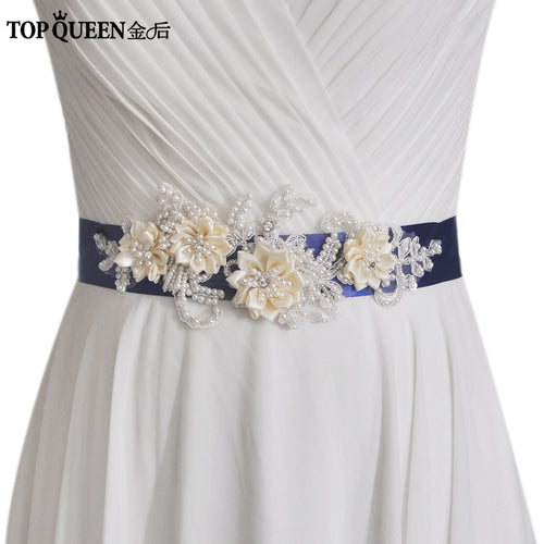 TOPQUEEN S346 Wedding Sash Pretty Crystal Beads Pearl  Embroidered Belt Wedding Belts  with Flower Bridal Sash Fabric Flower - Ur World Services 