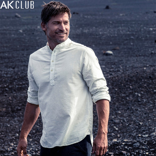 AK CLUB Brand Men Shirt Nikolaj Coster-Waldau Spokesman Stand Collar Yarn Dyed Peach Fabric Long Sleeve Casual Shirt Men 1702032 - Ur World Services 