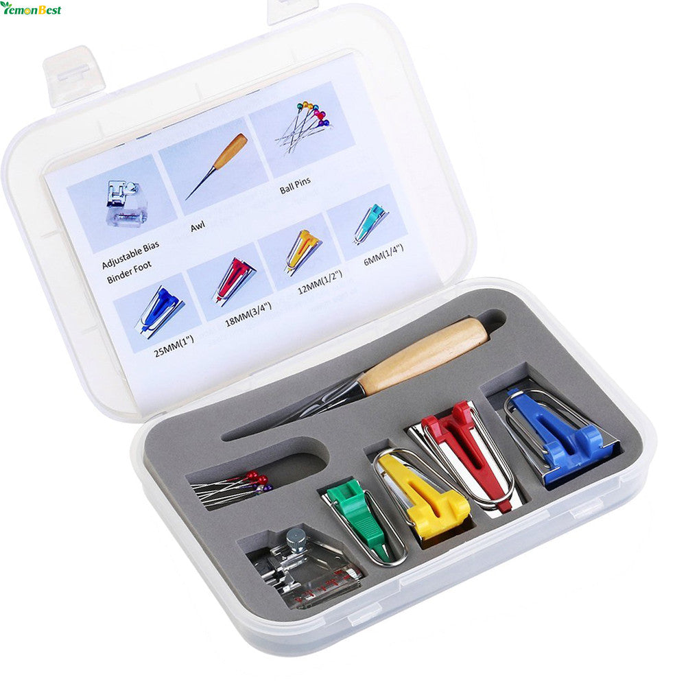 16 Pieces / Set Fabric Bias Tape Maker Kit Set in Case for Sewing & Quilting Awl and Binder Foot Sewing Craft Tools Accessories - Ur World Services 