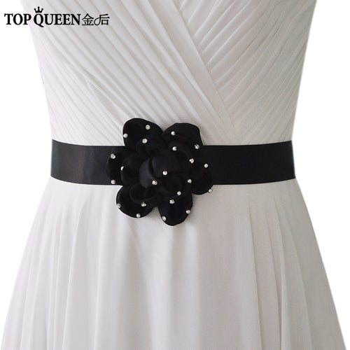 TOPQUEEN S223 Bridal Belts with Flower Wedding Belts Fabric Black Flower Belts for Casamento Embellished Belts for Dresses - Ur World Services 