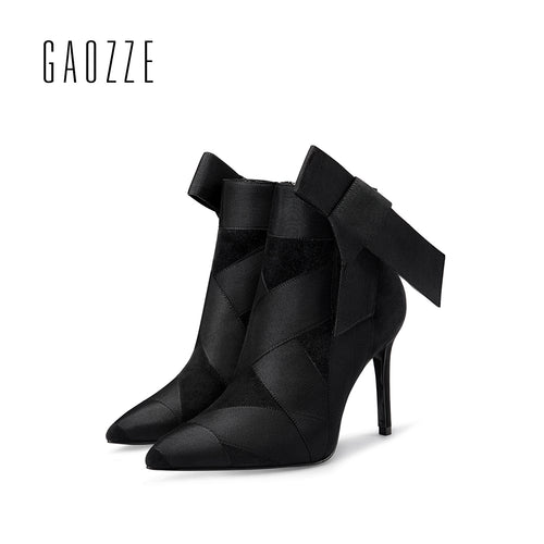 GAOZZE womens boots winter 2017 genuine leather pointed ankle boots for women butterfly knot high heel side zipper female boots - Ur World Services 