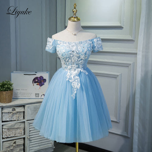 Liyuke Sky Blue Cocktail Dress Elegant Strapless Satin With Tulle Fabrics Knee-Length Off The Shoulder For Cocktail Party - Ur World Services 