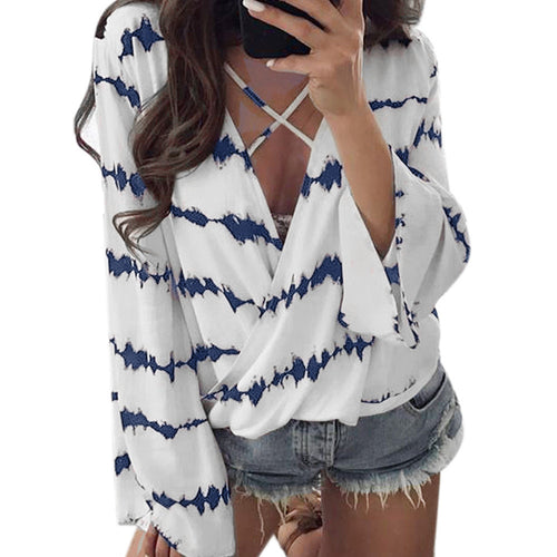 Women Loose Long Sleeve Shirt Stripe Tops Overlapping Chiffon Casual Blouse - Ur World Services 