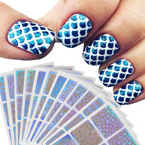 12 Sheets New Nail Hollow Irregular Grid Stencil Reusable Manicure Stickers Stamping Template Nail Art Tools - Ur World Services 