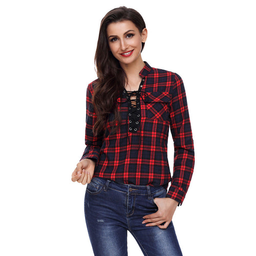 Women's V Neck Lace Up Tops Check Plaid Loose Long Sleeve T Shirt Tee Blouse - Ur World Services 