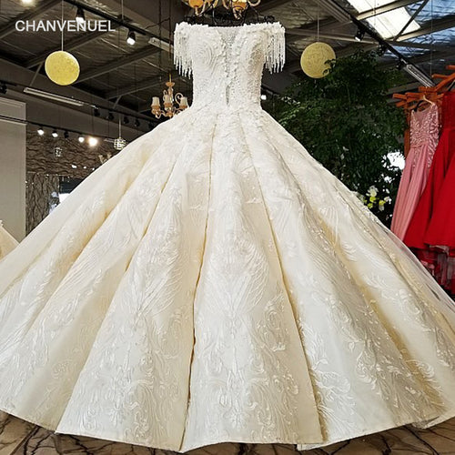 LS21401 2018 new whoesale real show off white champagne heavy satin fabric beading tassel short sleeves big skirt wedding dress - Ur World Services 