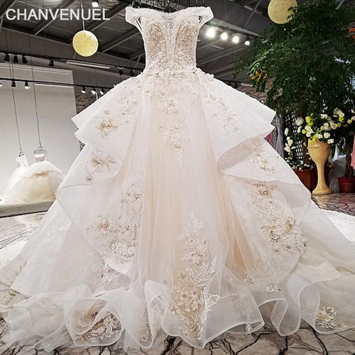 LS32114-1 super big skirt  design bridal gowns organza fabric colorful lace off shoulder chagmpagne lace slub wedding dress 2018 - Ur World Services 