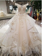 LS32114-1 super big skirt  design bridal gowns organza fabric colorful lace off shoulder chagmpagne lace slub wedding dress 2018 - Ur World Services 