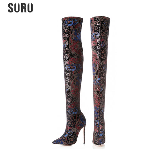 SURU High Heels Women Thigh Boots Over the Knee High Boots with Stretch Fabric Printed 5 Inches High Heel Pointed Toe Plus Size - Ur World Services 