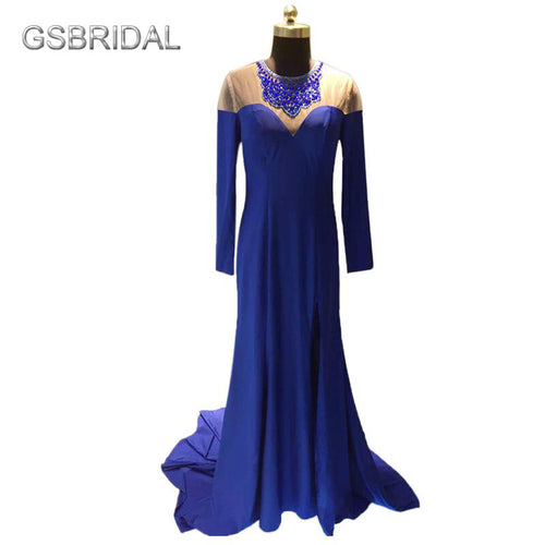 Actual Image New Beading Royal Blue Long Sleeves Prom Evening Dresses Spandex Fabric Custom Made - Ur World Services 